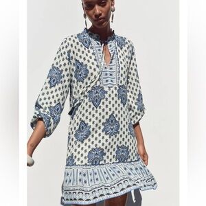 Zara Blue and White Long Sleeve Dress Size Medium